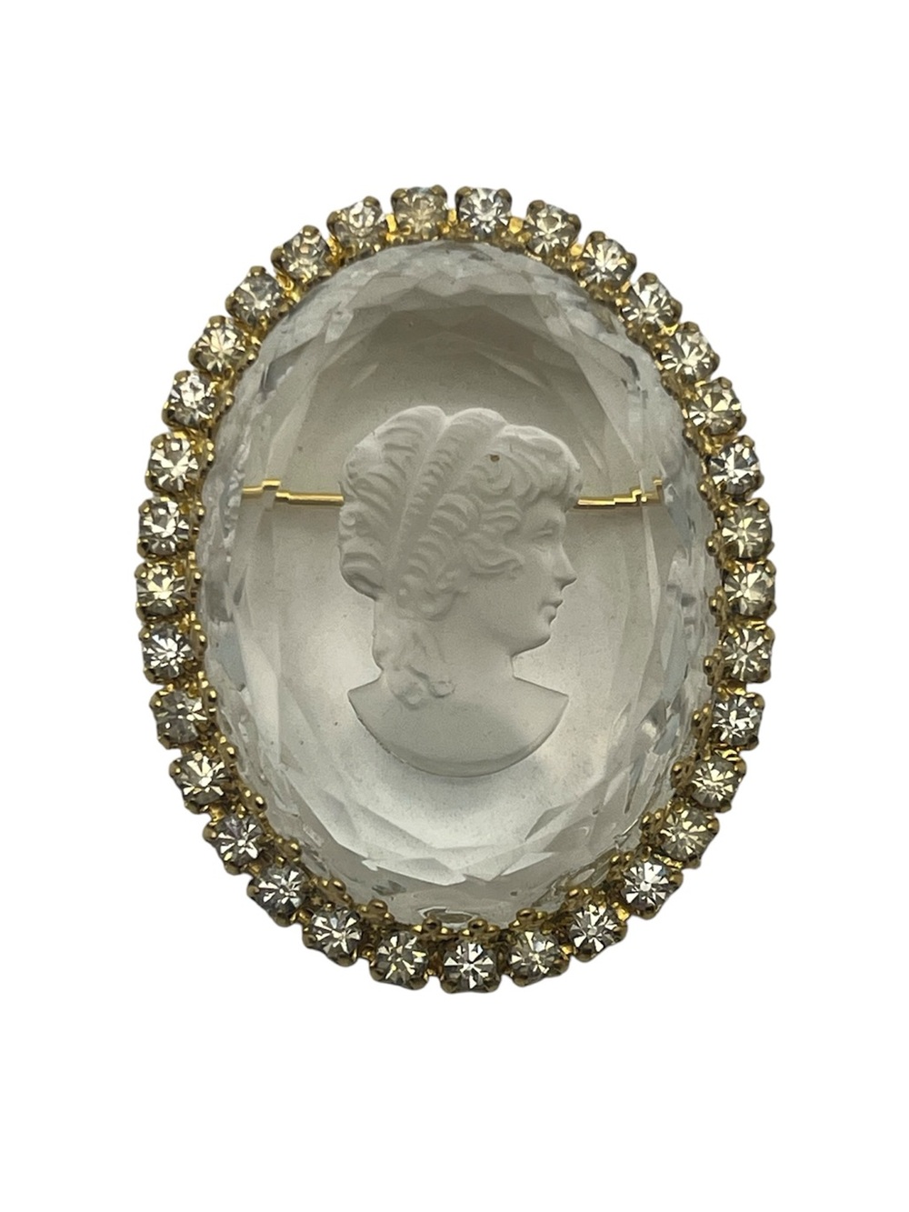 Intaglio reverse carved clear cameo lady rhinestone gold tone brooch pin vintage